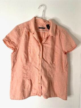 Liz Claiborne Peach 100% Linen Button Front Shirt Eyelet Detail Collared Top